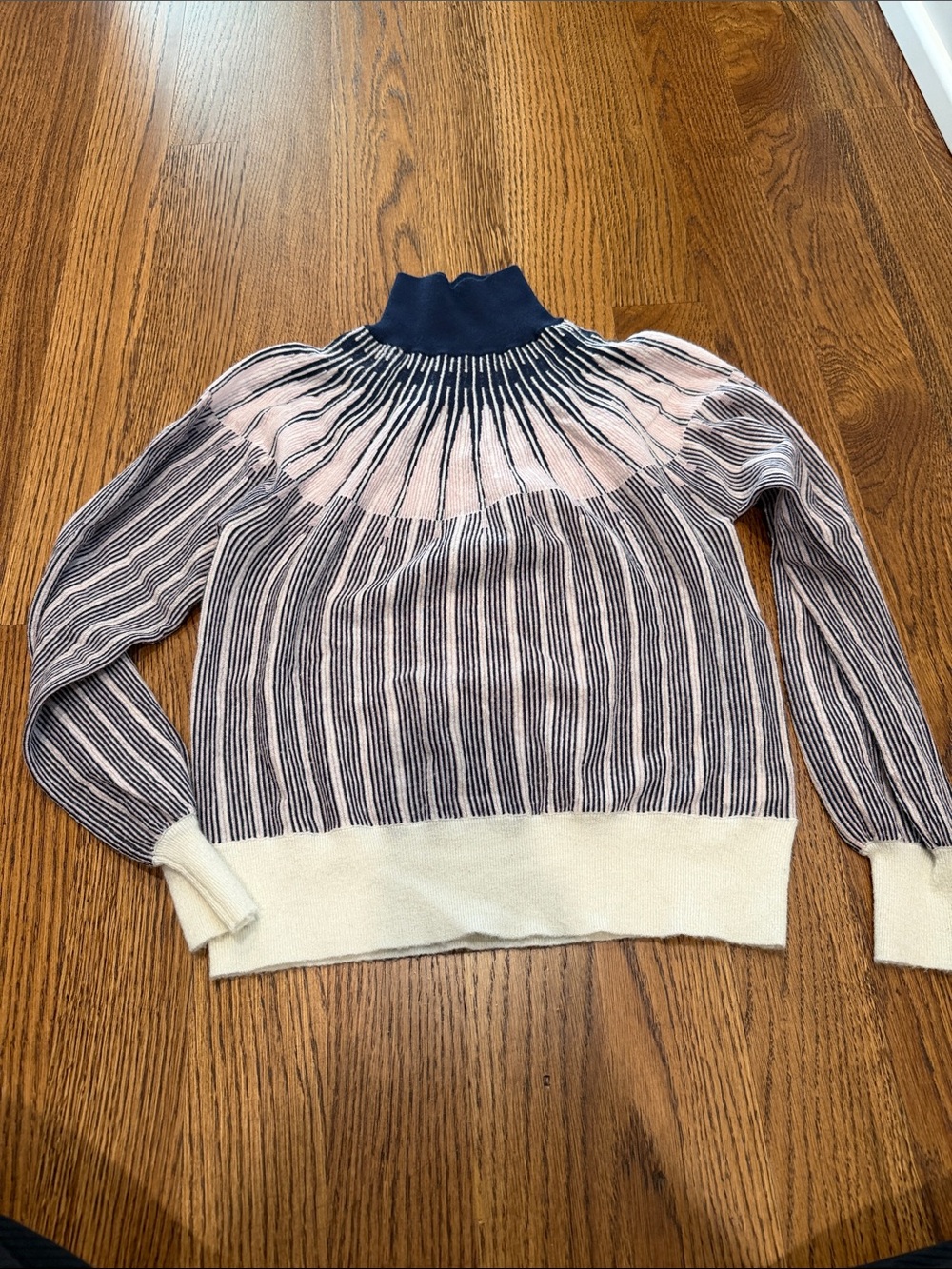 Striped Rib-Knit Mock Neck Sweater in Navy and Cream